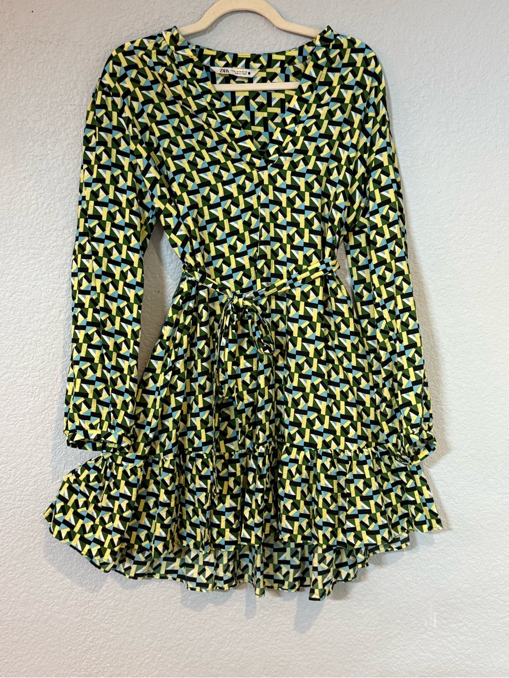 Zara Trafaluc Geometric Print Wrap Mini Dress Tie Waist Long Sleeve Size M
